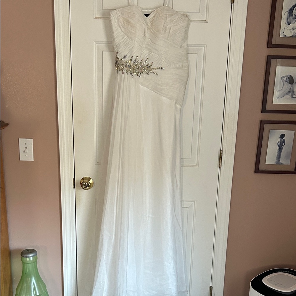 Mac Duggal Strapless Gown in White with Silver Accents